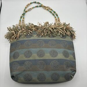 Pritz Handbag Purse Glass Beads Reversible Pattern Fabric Handle Y2K Fringe Boho